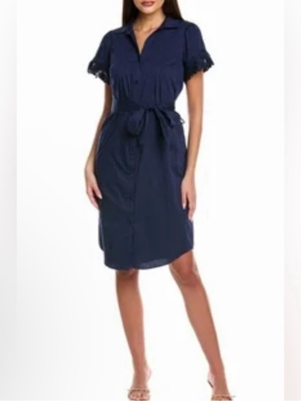 T Tahari Navy Crochet-Trim Tie-Waist Shirt Dress